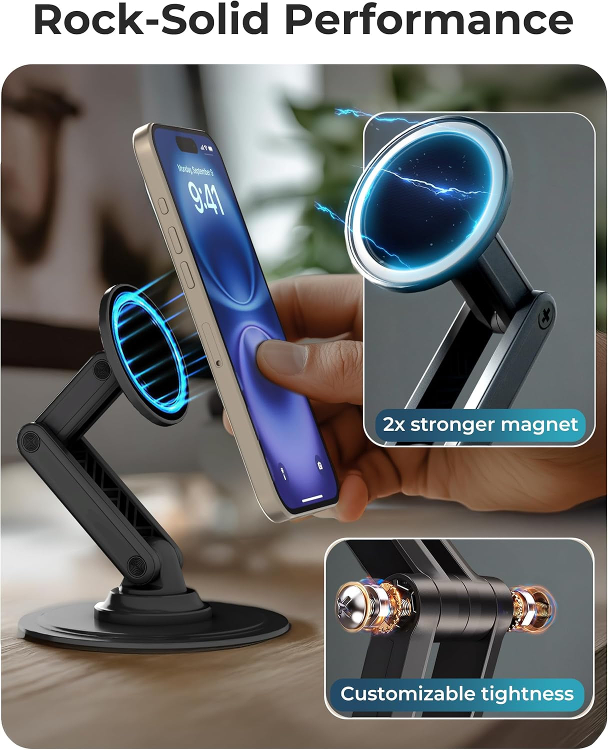 Mag360, Desktop Magsafe Stand for Iphone 17 Pro Max (16/15/14/13/12), Magnetic Phone Holder for Desk, 360° Rotating, Height Adjustable, Magnetic Phone Stand for Desk, with Metal Ring (Black)