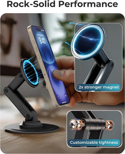 Mag360, Desktop Magsafe Stand for Iphone 17 Pro Max (16/15/14/13/12), Magnetic Phone Holder for Desk, 360° Rotating, Height Adjustable, Magnetic Phone Stand for Desk, with Metal Ring (Black)