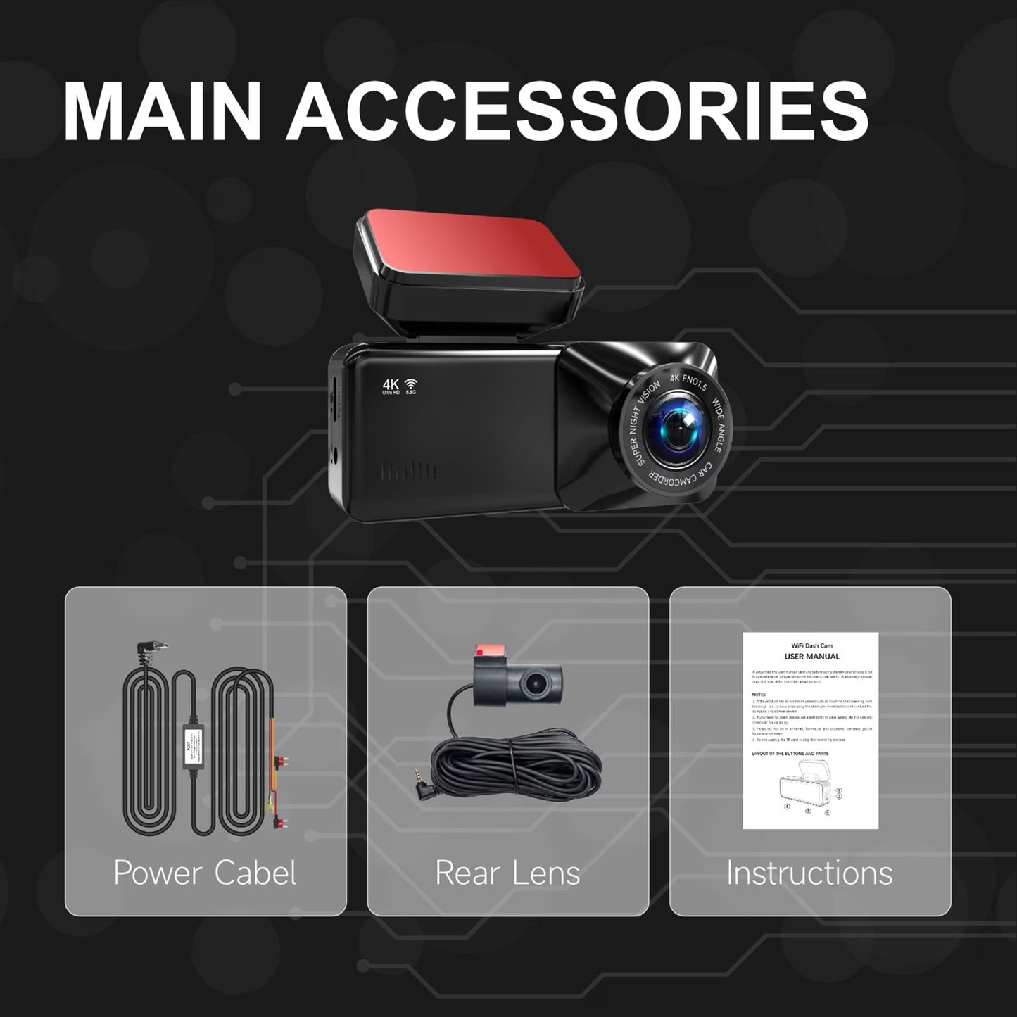 4K+1080P Dash Cam, Front and Rear Dash Camera for Cars 170°Wide Angle Dashboard Cameras, Super Night Vision, G-Sensor, Loop Recording