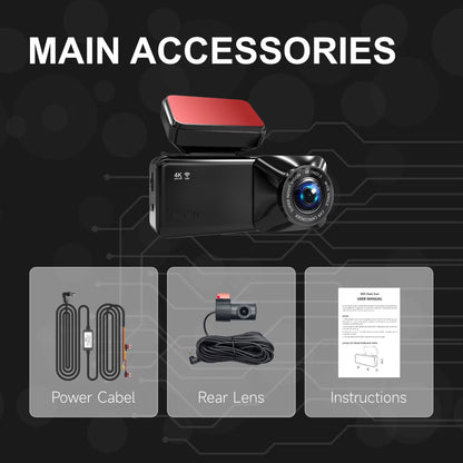 4K+1080P Dash Cam, Front and Rear Dash Camera for Cars 170°Wide Angle Dashboard Cameras, Super Night Vision, G-Sensor, Loop Recording
