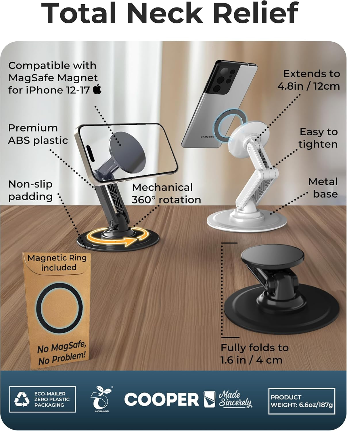 Mag360, Desktop Magsafe Stand for Iphone 17 Pro Max (16/15/14/13/12), Magnetic Phone Holder for Desk, 360° Rotating, Height Adjustable, Magnetic Phone Stand for Desk, with Metal Ring (Black)