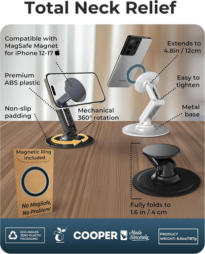 Mag360, Desktop Magsafe Stand for Iphone 17 Pro Max (16/15/14/13/12), Magnetic Phone Holder for Desk, 360° Rotating, Height Adjustable, Magnetic Phone Stand for Desk, with Metal Ring (Black)