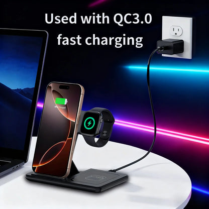 3-In-1 Wireless Charging Station, Fast Multifunctional Charger Stand for Iphone 17 to 11 Series, Apple Watch 11 to 1 Series, and Airpods 4/3 Pro, Portable, Foldable, Travel-Ready Charging Accessory