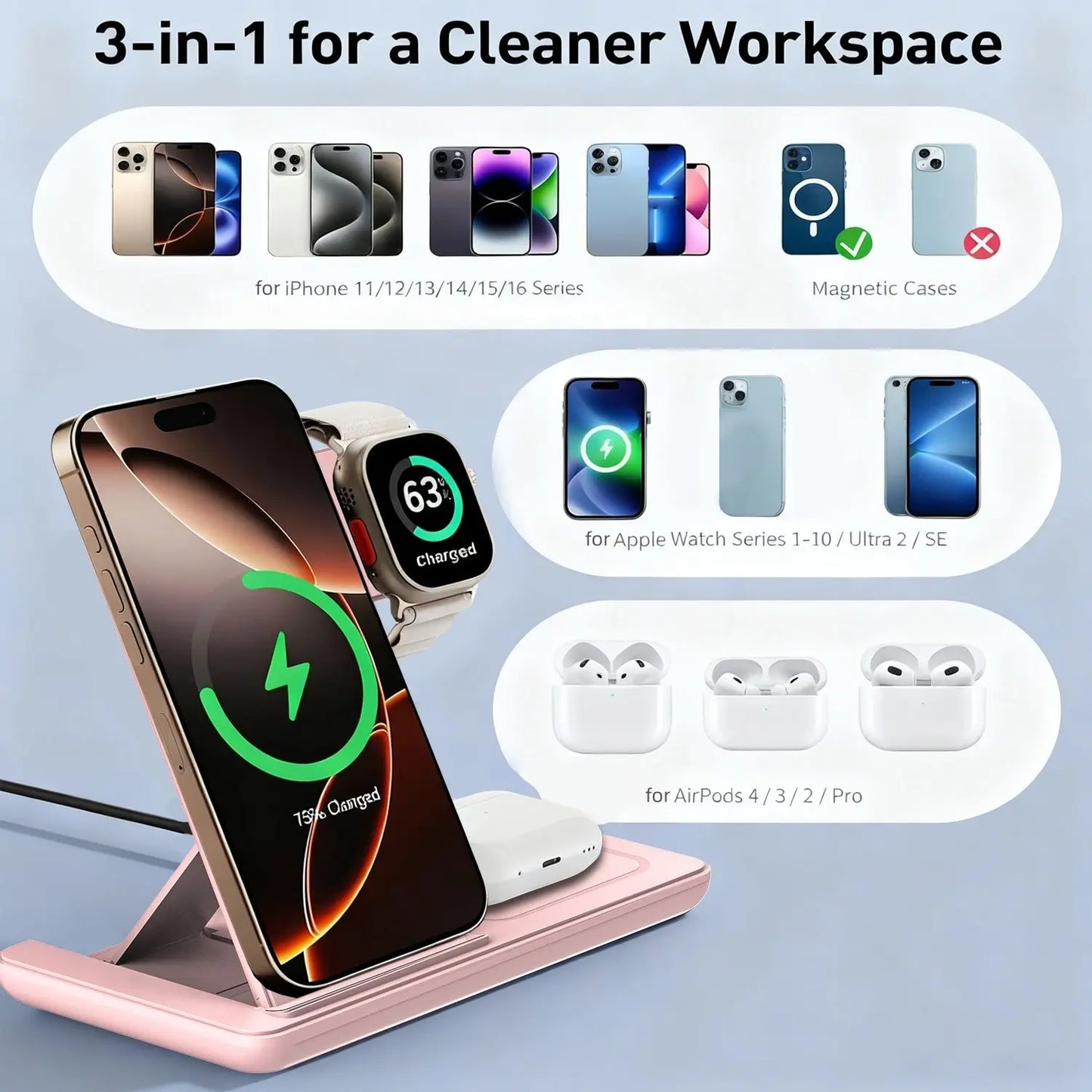 3-In-1 Wireless Charging Station, Fast Multifunctional Charger Stand for Iphone 17 to 11 Series, Apple Watch 11 to 1 Series, and Airpods 4/3 Pro, Portable, Foldable, Travel-Ready Charging Accessory