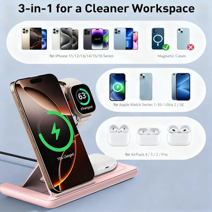 3-In-1 Wireless Charging Station, Fast Multifunctional Charger Stand for Iphone 17 to 11 Series, Apple Watch 11 to 1 Series, and Airpods 4/3 Pro, Portable, Foldable, Travel-Ready Charging Accessory