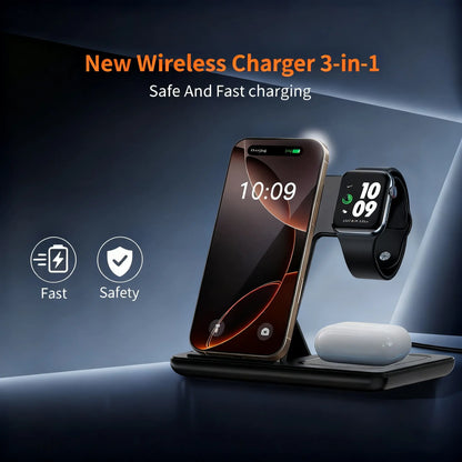 3-In-1 Wireless Charging Station, Fast Multifunctional Charger Stand for Iphone 17 to 11 Series, Apple Watch 11 to 1 Series, and Airpods 4/3 Pro, Portable, Foldable, Travel-Ready Charging Accessory
