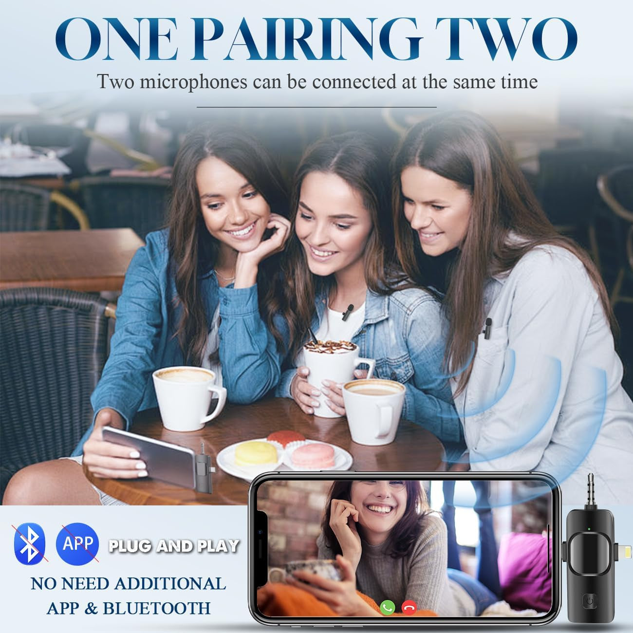 3 in 1 Wireless Lavalier Microphone for Iphone, Ipad, Android, Camera,12-Hour Battery, Mini Noise Reduction Recording Mic 2.4G Ultra-Low Delay, Microphone for Vlog/ Tiktok/Youtube Live Stream( 3 Mic)
