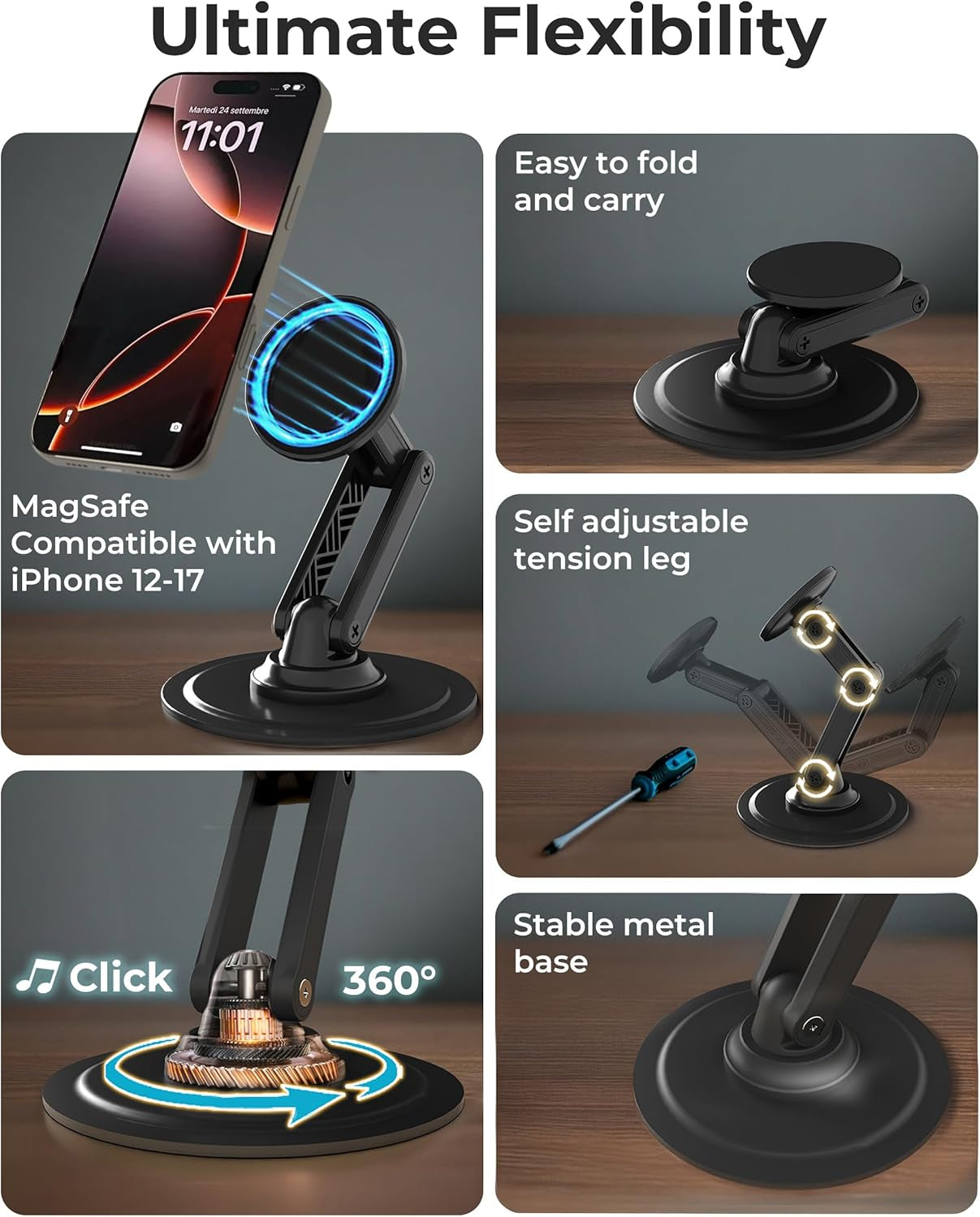 Mag360, Desktop Magsafe Stand for Iphone 17 Pro Max (16/15/14/13/12), Magnetic Phone Holder for Desk, 360° Rotating, Height Adjustable, Magnetic Phone Stand for Desk, with Metal Ring (Black)