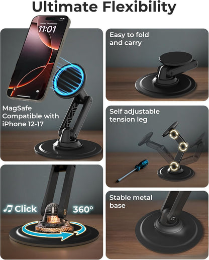 Mag360, Desktop Magsafe Stand for Iphone 17 Pro Max (16/15/14/13/12), Magnetic Phone Holder for Desk, 360° Rotating, Height Adjustable, Magnetic Phone Stand for Desk, with Metal Ring (Black)