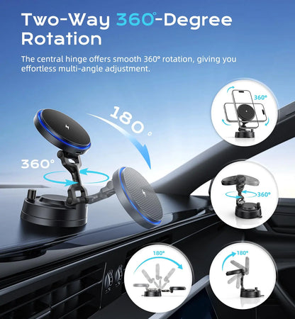 360° Rotatable Magsafe Car Mount, 15W Fast Wireless Charger, Strong Magnetic