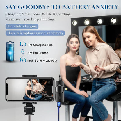 3 in 1 Wireless Lavalier Microphone for Iphone, Ipad, Android, Camera,12-Hour Battery, Mini Noise Reduction Recording Mic 2.4G Ultra-Low Delay, Microphone for Vlog/ Tiktok/Youtube Live Stream( 3 Mic)