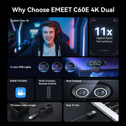 EMEET C60E 4K Dual Webcam with Remote, Dual Camera & RGB Light 4K@30Fps/1080P@60Fps Streaming Camera, 11X Zoom, Auto Focus, USB Webcam with Microphone & Physical Privacy Cover, OBS, Zoom, Teams, Gaming, Streaming, Tiktokshopspringglowup, Summervibes Tikto