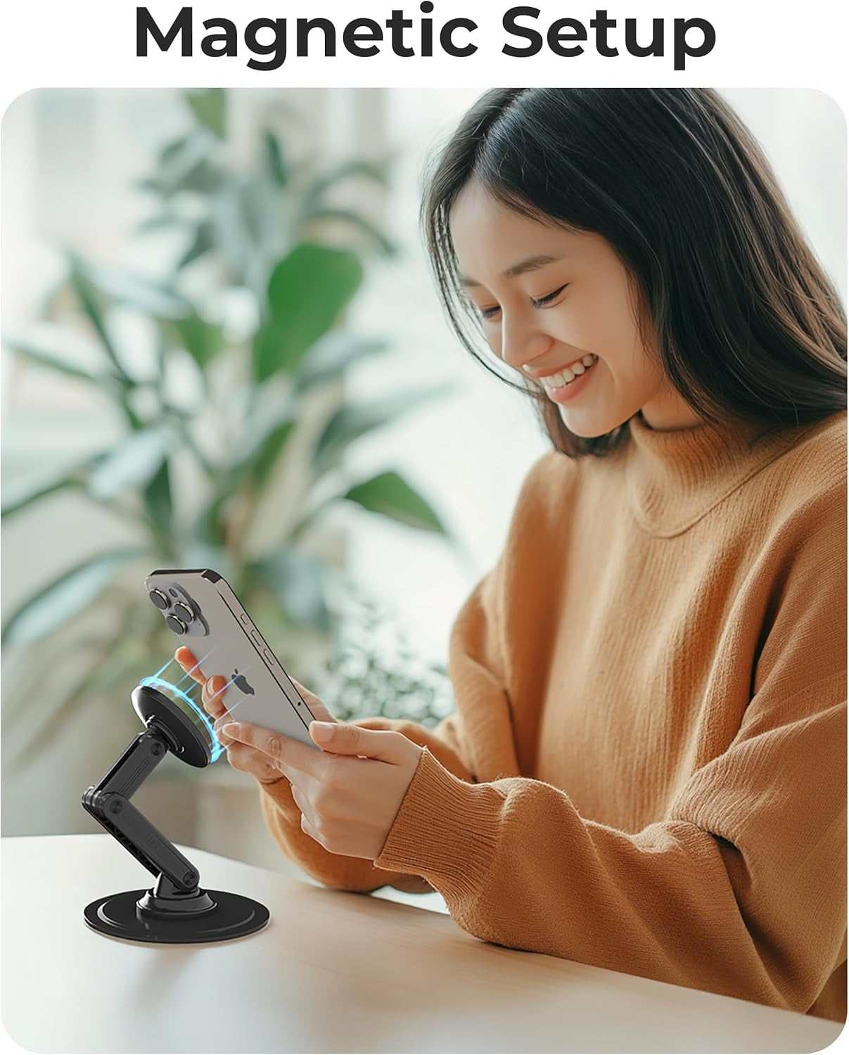 Mag360, Desktop Magsafe Stand for Iphone 17 Pro Max (16/15/14/13/12), Magnetic Phone Holder for Desk, 360° Rotating, Height Adjustable, Magnetic Phone Stand for Desk, with Metal Ring (Black)