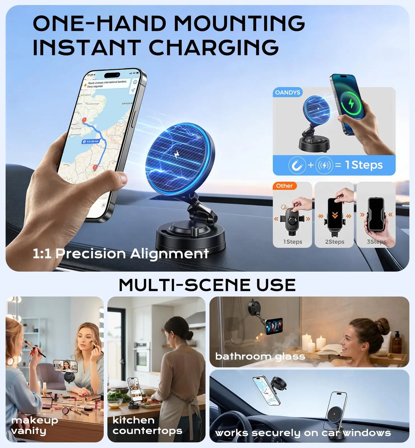 360° Rotatable Magsafe Car Mount, 15W Fast Wireless Charger, Strong Magnetic