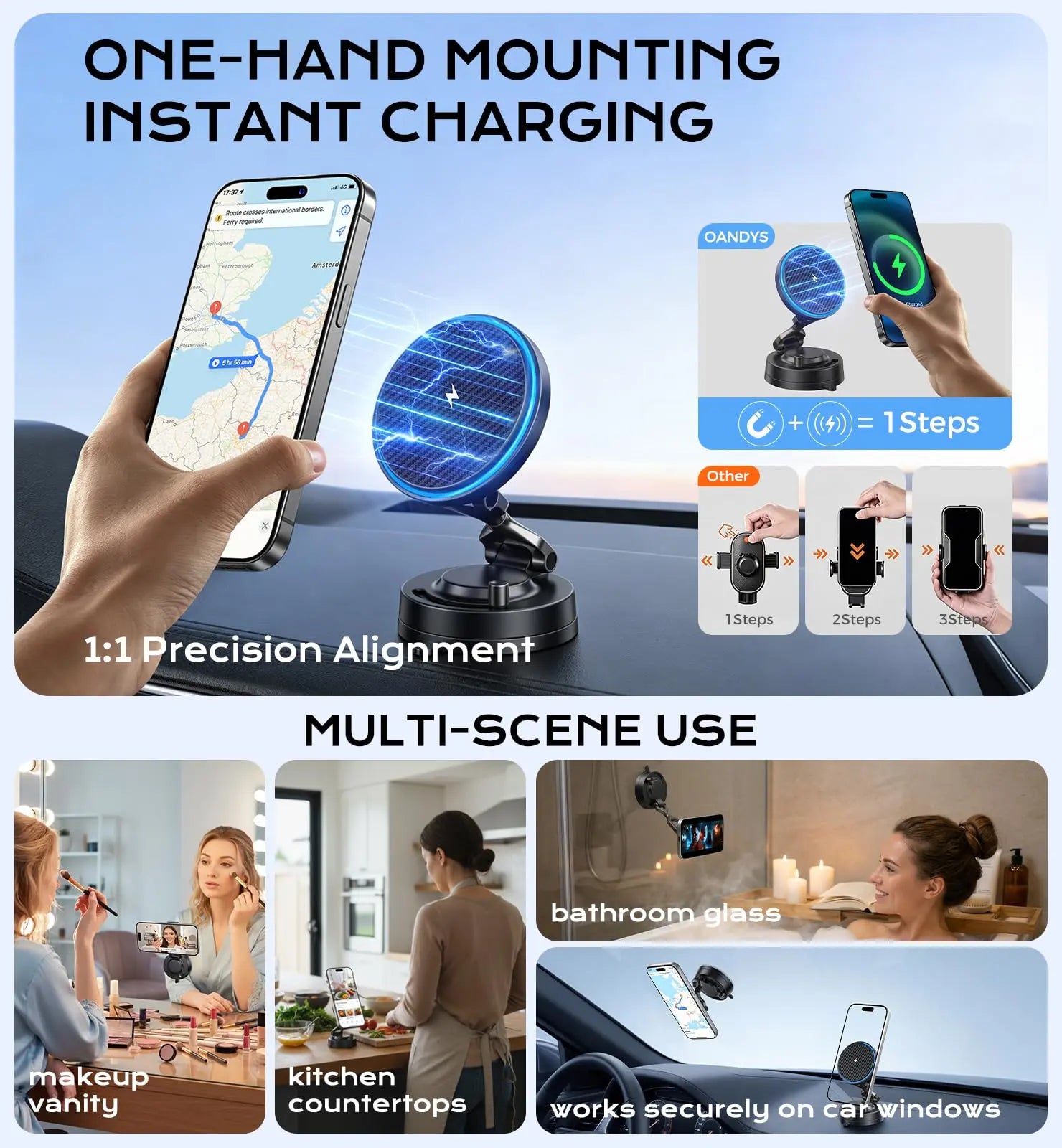 360° Rotatable Magsafe Car Mount, 15W Fast Wireless Charger, Strong Magnetic