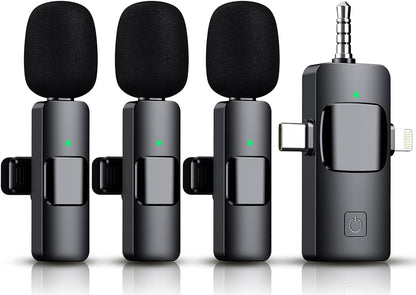 3 in 1 Wireless Lavalier Microphone for Iphone, Ipad, Android, Camera,12-Hour Battery, Mini Noise Reduction Recording Mic 2.4G Ultra-Low Delay, Microphone for Vlog/ Tiktok/Youtube Live Stream( 3 Mic)