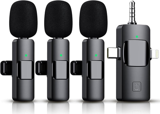 3 in 1 Wireless Lavalier Microphone for Iphone, Ipad, Android, Camera,12-Hour Battery, Mini Noise Reduction Recording Mic 2.4G Ultra-Low Delay, Microphone for Vlog/ Tiktok/Youtube Live Stream( 3 Mic)
