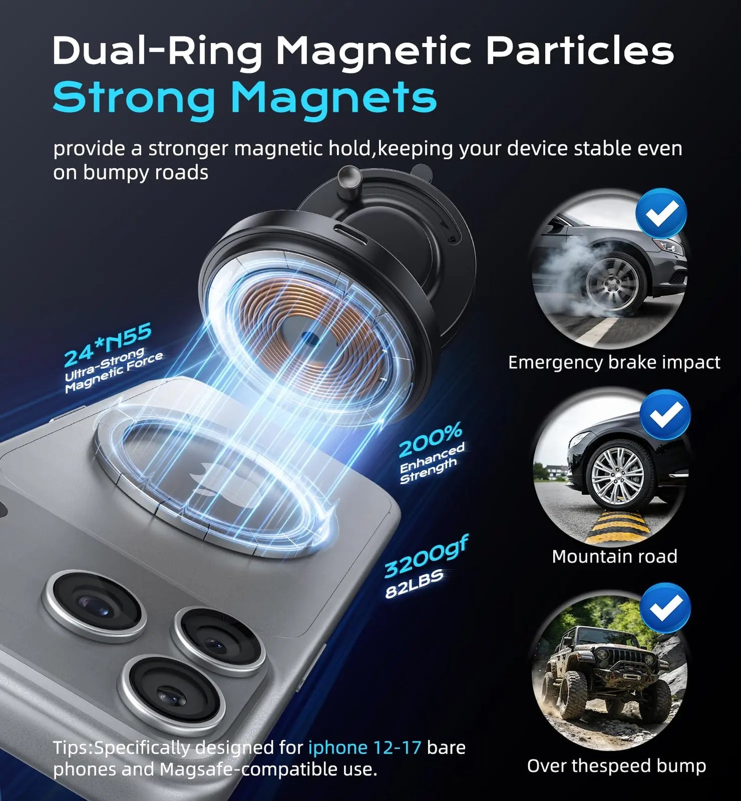 360° Rotatable Magsafe Car Mount, 15W Fast Wireless Charger, Strong Magnetic