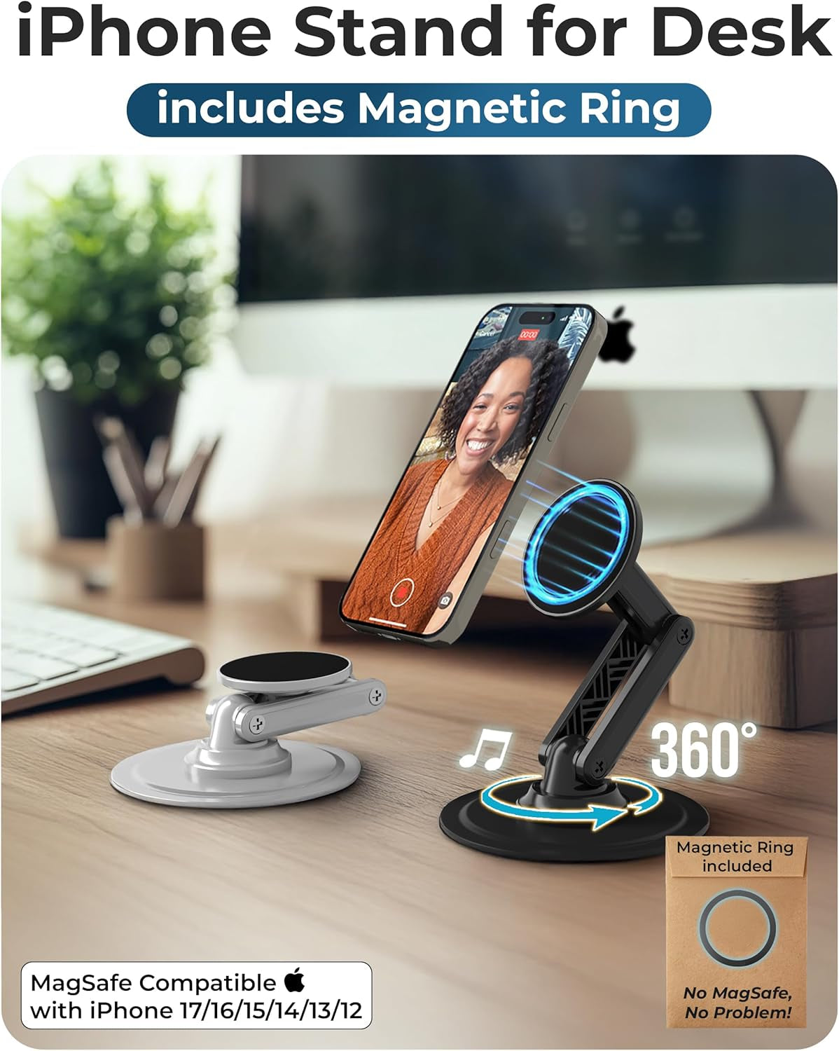 Mag360, Desktop Magsafe Stand for Iphone 17 Pro Max (16/15/14/13/12), Magnetic Phone Holder for Desk, 360° Rotating, Height Adjustable, Magnetic Phone Stand for Desk, with Metal Ring (Black)